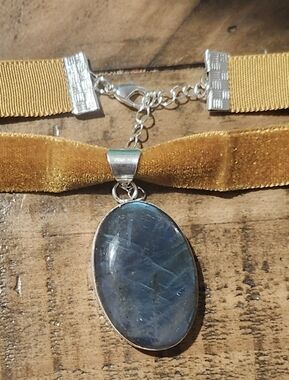 Gold Velvet Choker Necklace with Oval Blue Labradorite Pendant Handmade.
